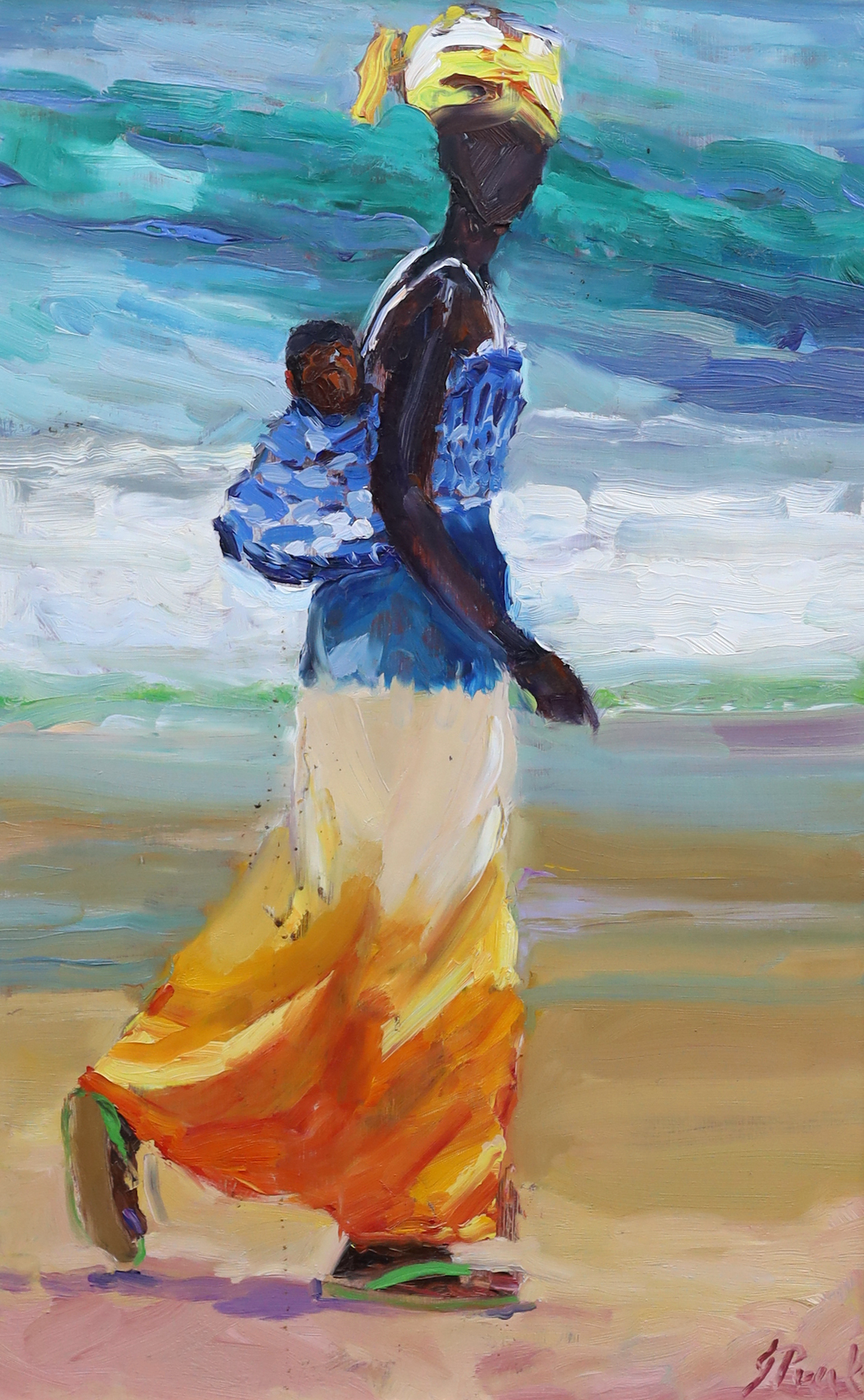 Jeffrey Pratt (British, b.1940), Caribbean mother and child on the seashore, a sketch of Indian women verso, oil on board, 62 x 39cm